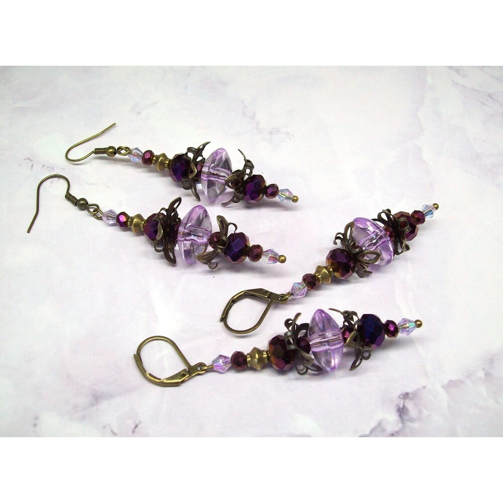 Lilac Purple Vintage Style Earrings, Antique Bronze, Artisan Crafted Jewelry